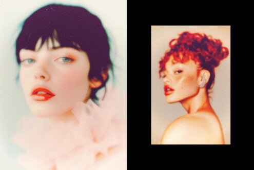 Portrait photography features two women with artistic makeup and retro style. Ideal for design mockups and graphics showcasing creative portraits.