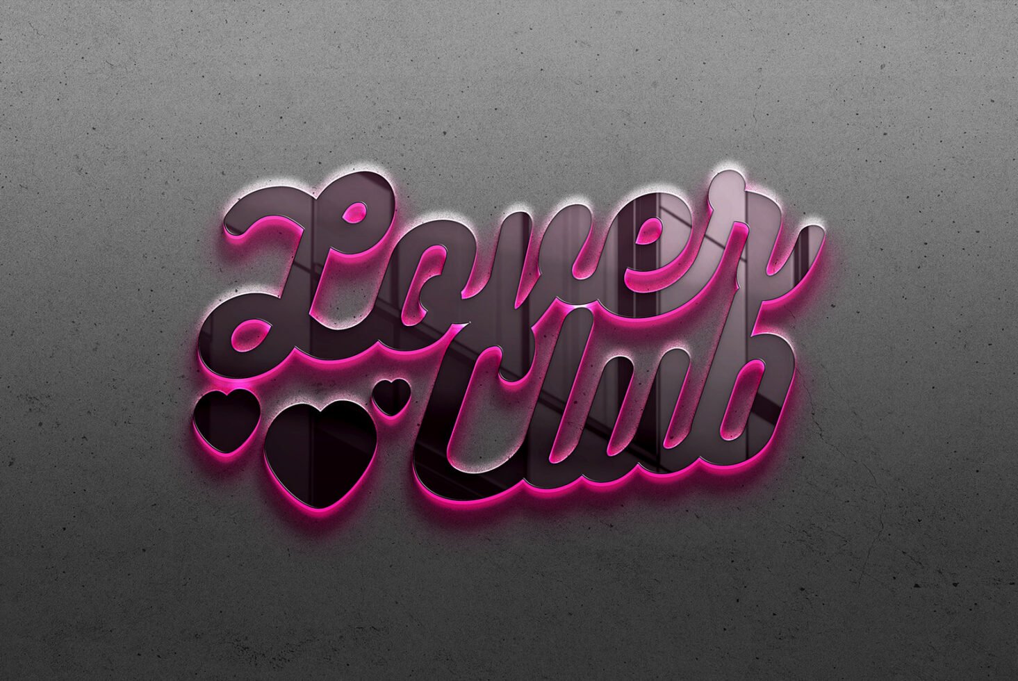 Glossy pink neon text Lover Club on a dark textured background with heart shapes Modern 3D text effect for graphic design Fonts Templates SEO keywords