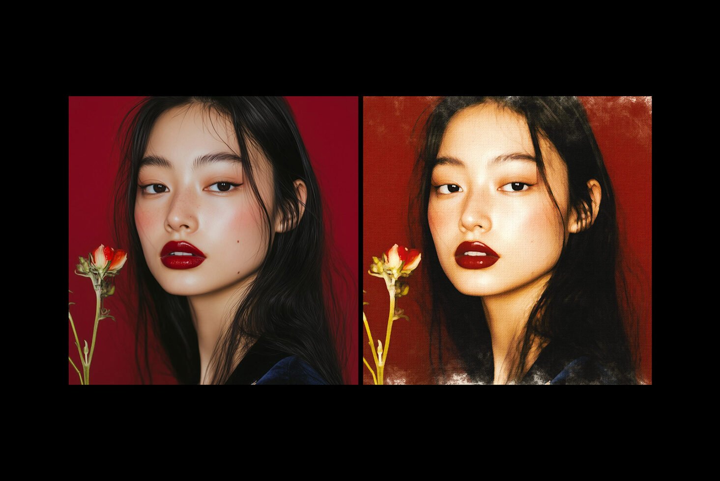 Side-by-side portraits of a woman with dark hair and bold red lipstick, one realistic and one with a textured filter, holding a red flower. Fashion graphics.