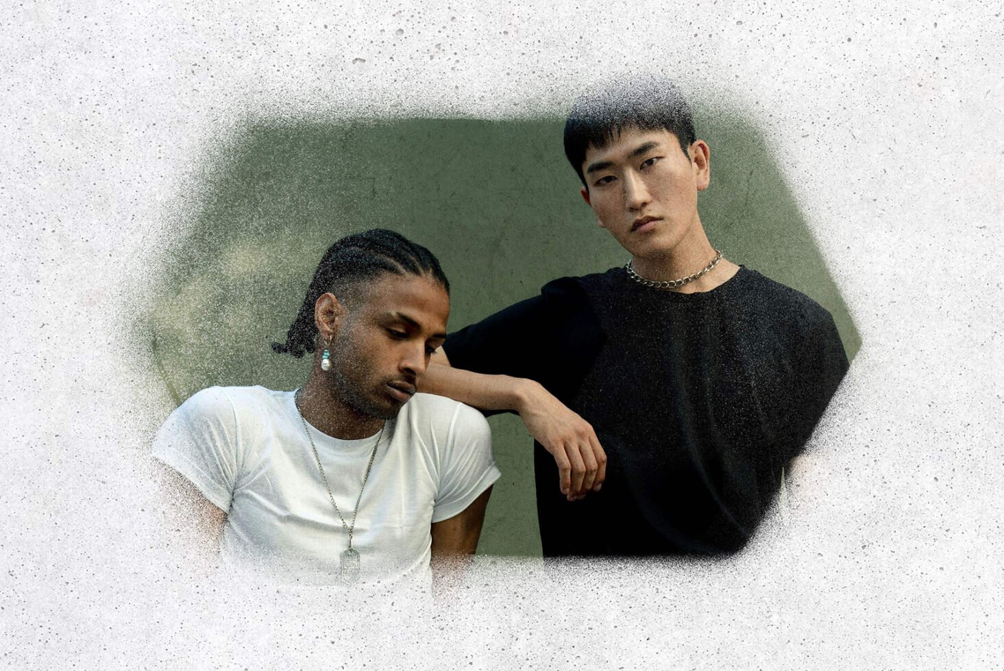 Two men in casual outfits posing against a textured background. Ideal for fashion mockups, graphic designs, or template creation.