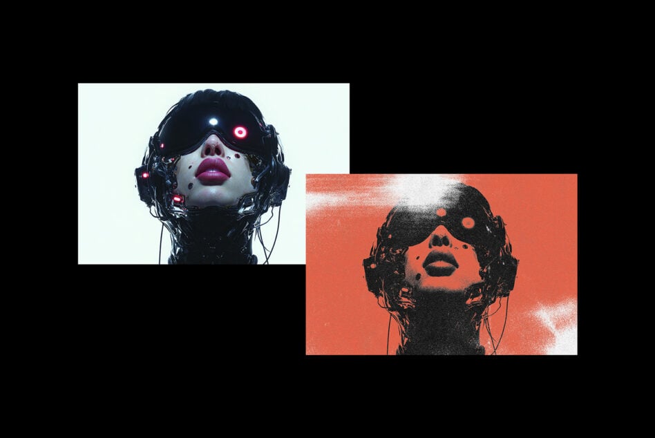 Futuristic cyborg heads with glowing eyes, one in cool light tones one in burnt orange