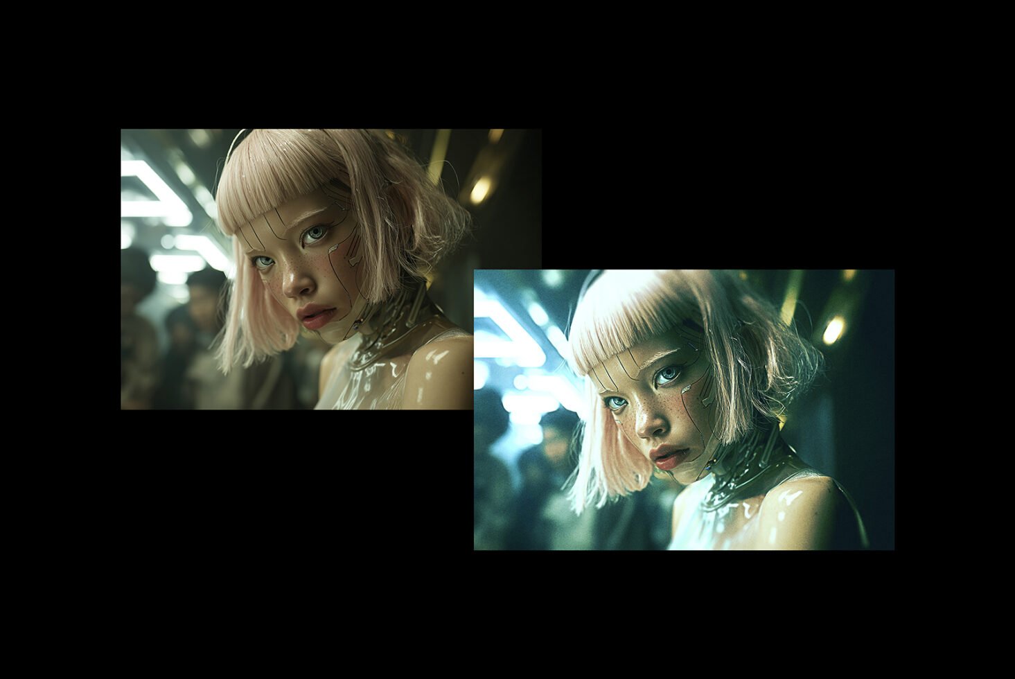 Digital artwork of a futuristic woman with augmented features in a neon-lit environment. Ideal for graphic design, digital illustrations, and sci-fi themes.