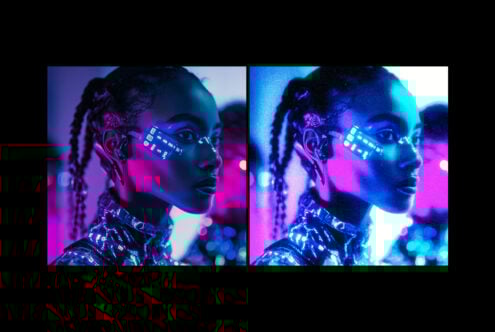 Futuristic neon portrait mockup featuring AI elements and glowing blue and purple lights perfect for designers seeking high-tech digital graphics assets