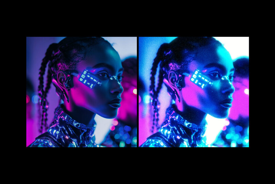 Cyber portrait side view wearing neon grid visor, magenta blue glow duplicate version comparison