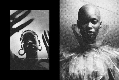 Two halftone portraits split with torn paper effect, one woman with hoops, one bald man
