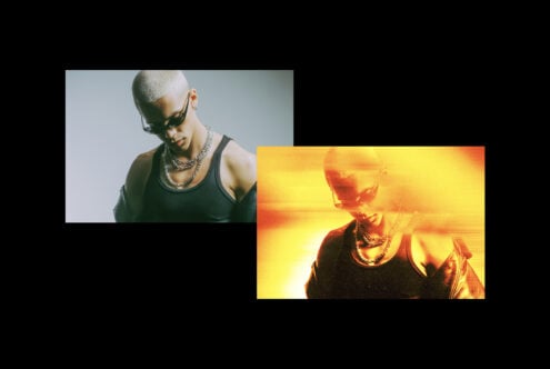 Two overlapping portrait frames, left neutral studio light right burning in gold heat