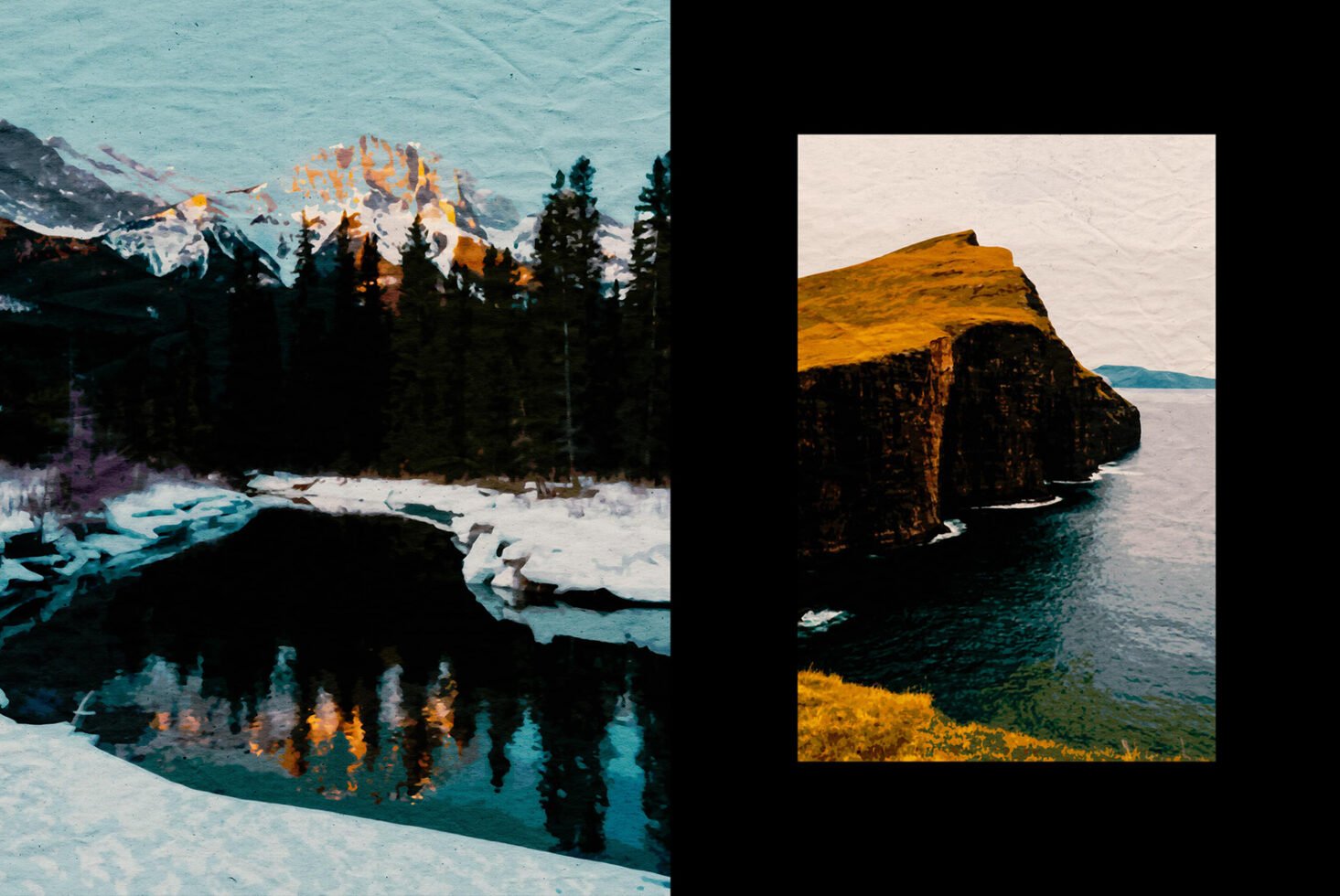 Digital art landscape featuring snowy forest and coastal cliffs textured background ideal for graphics templates and mockups for designers.