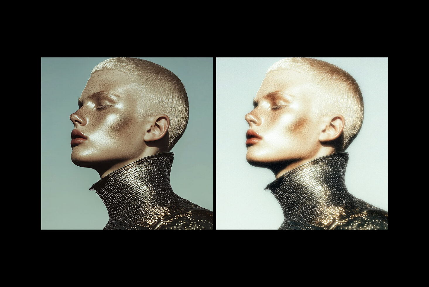 Fashion portrait mockup featuring side profile of a person with metallic jacket showcasing high glamor lighting for design inspiration and creativity.