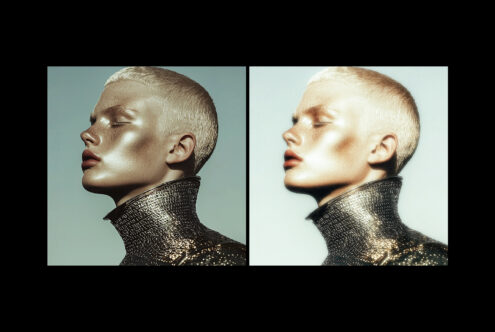 Fashion portrait mockup featuring side profile of a person with metallic jacket showcasing high glamor lighting for design inspiration and creativity.