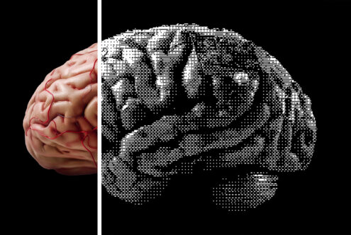 Half real brain and half pixelated brain on black background digital graphics design asset for templates and mockups for designers SEO keywords brain design