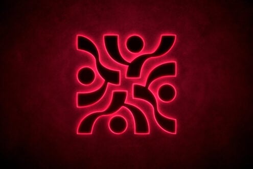 Red neon mandala pattern with circles on dark burgundy textured background