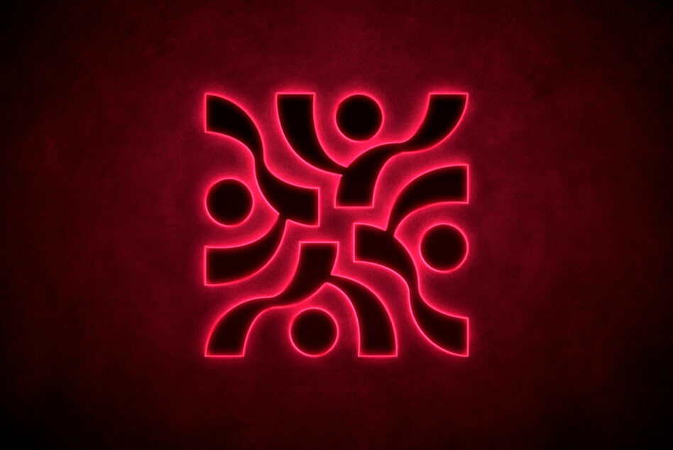 Red neon mandala pattern with circles on dark burgundy textured background