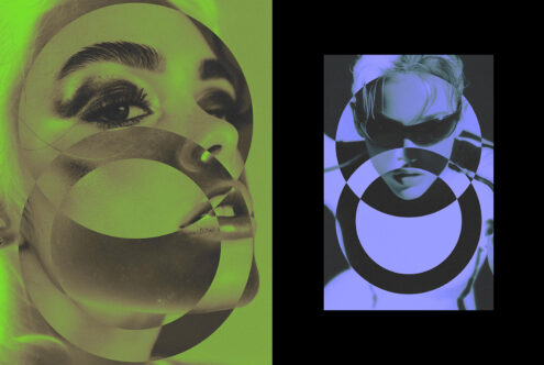 Two portrait shots with bold geometric shapes in neon green plus periwinkle tones