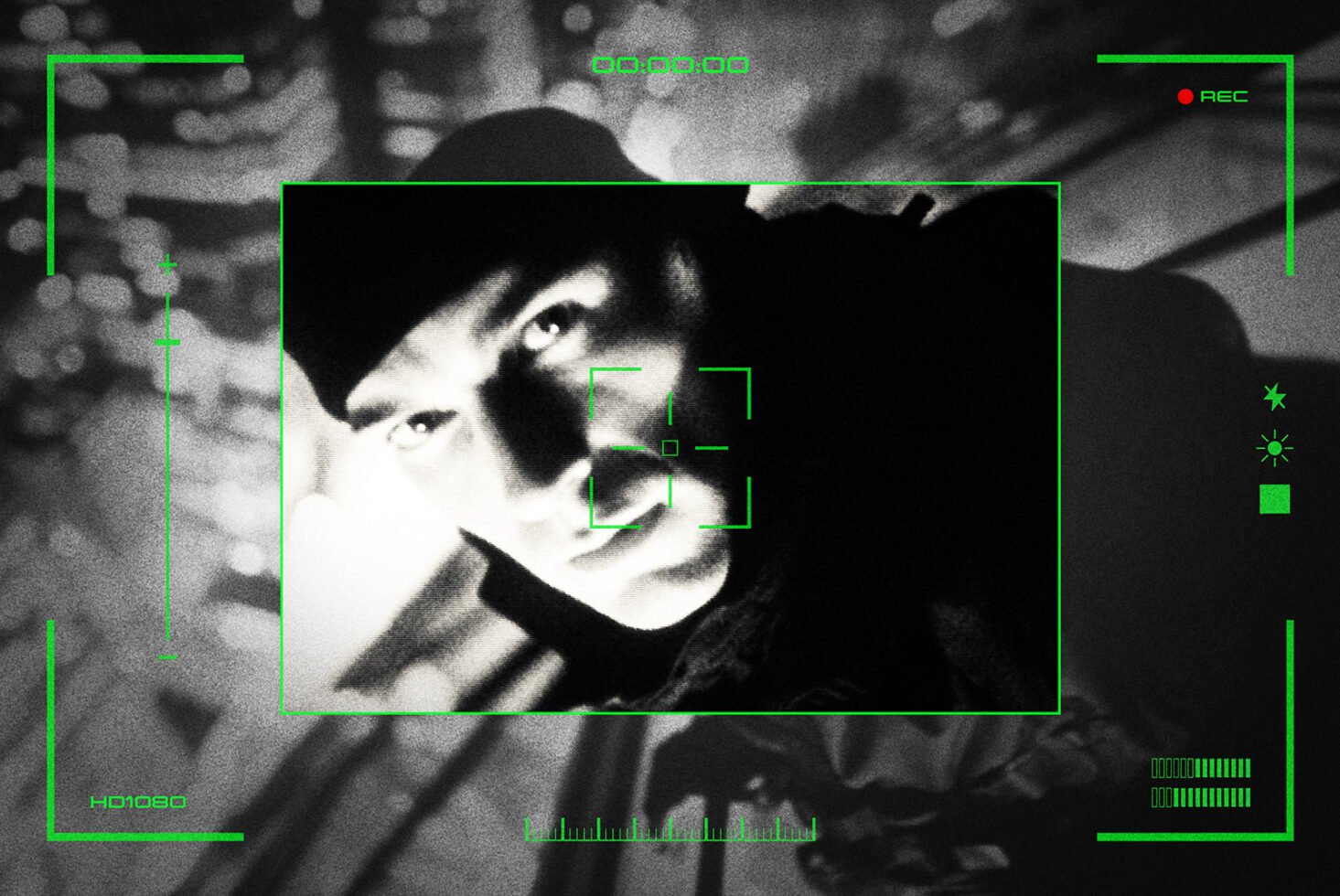 Black and white image of a person in stealth mode through camera viewfinder overlay. Ideal for digital asset designers, graphics, mockup resources.
