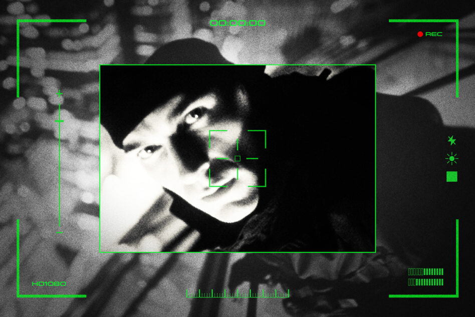 Cinematic close-up portrait with green digital overlay frame on grainy black film