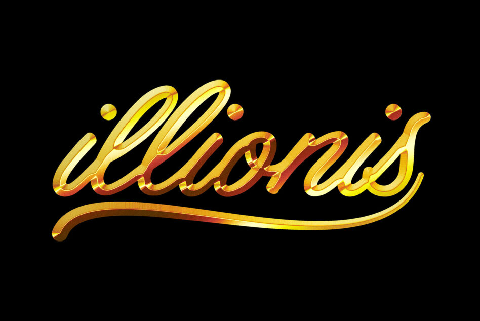 Cursive gold script lettering with dimensional metallic shading on black