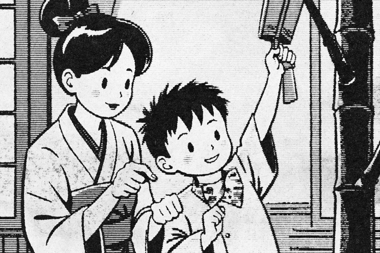 Black and white anime illustration of a woman and boy in traditional attire. The boy rings a bell. Ideal for manga graphics or digital templates.