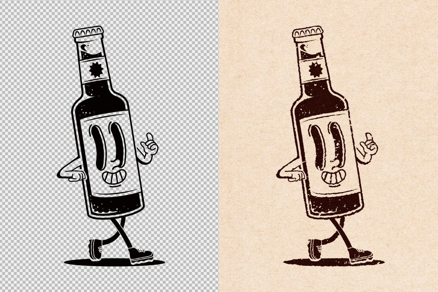 Vintage walking beer bottle character illustration with two backgrounds. Perfect for design projects, templates, mockups, and graphics. Retro style.