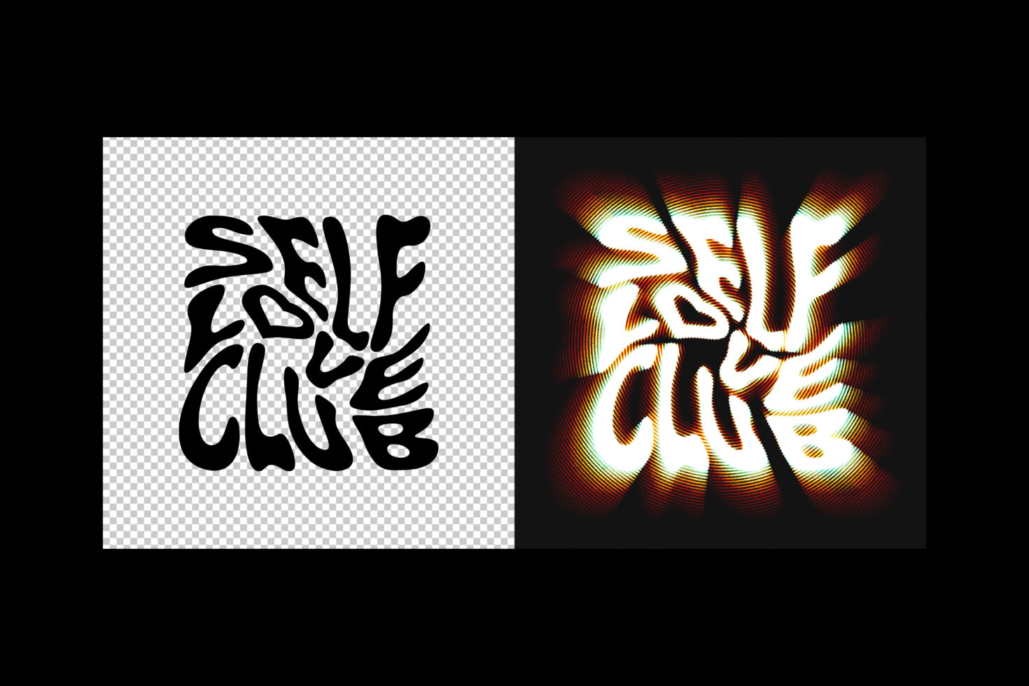 Psychedelic font design reading Self Love Club in warped style with black and multicolored versions on transparent background for graphic templates.