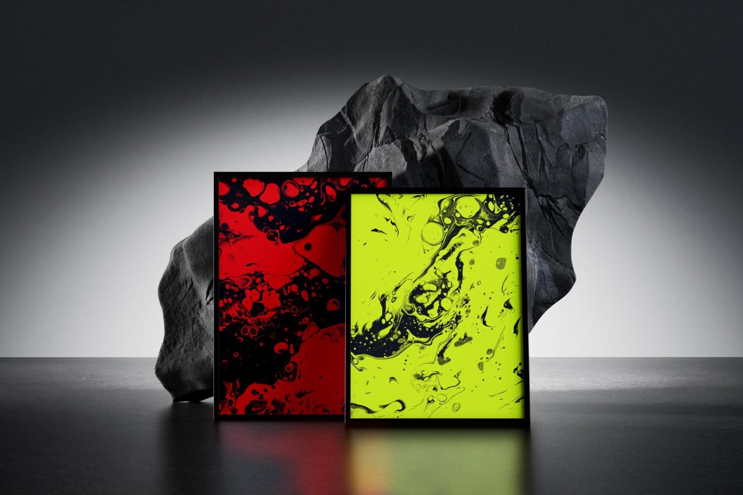 Abstract art prints with a red and green fluid design set against a textured rock background ideal for graphic design mockups and interior templates.