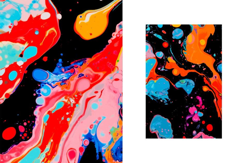Liquid marble texture with red pink cyan orange flowing shapes on black backdrop