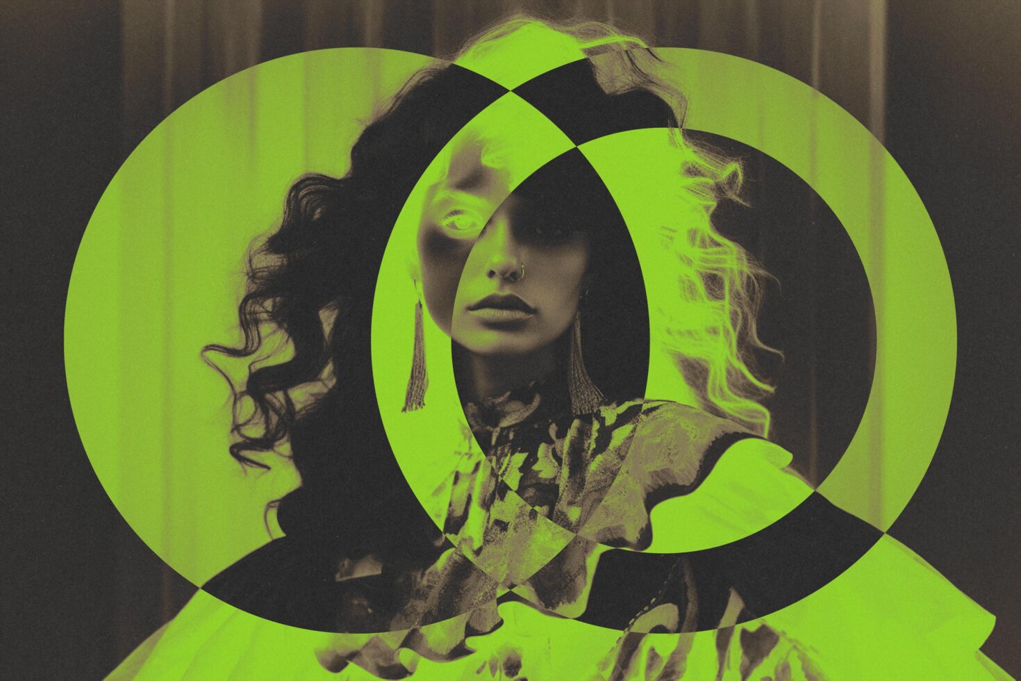 Abstract graphic design featuring a woman with a double exposure effect in neon green tones. Ideal for creative templates and artistic mockups.