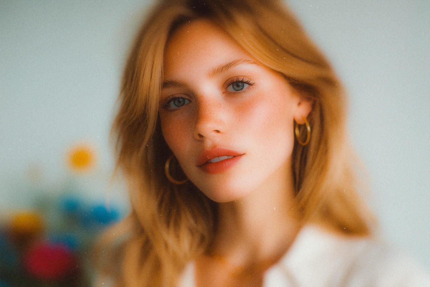 Portrait of a woman with blonde hair wearing hoop earrings on a soft blurred background ideal for mockups and graphic design projects.