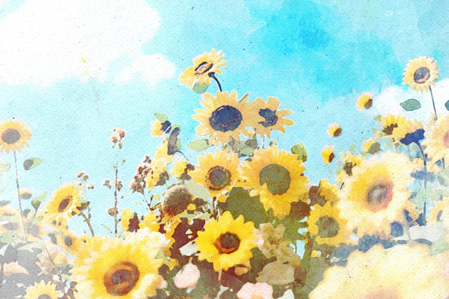 Watercolor sunflower field illustration under blue sky ideal for graphic design templates backgrounds art prints and floral-themed digital assets.