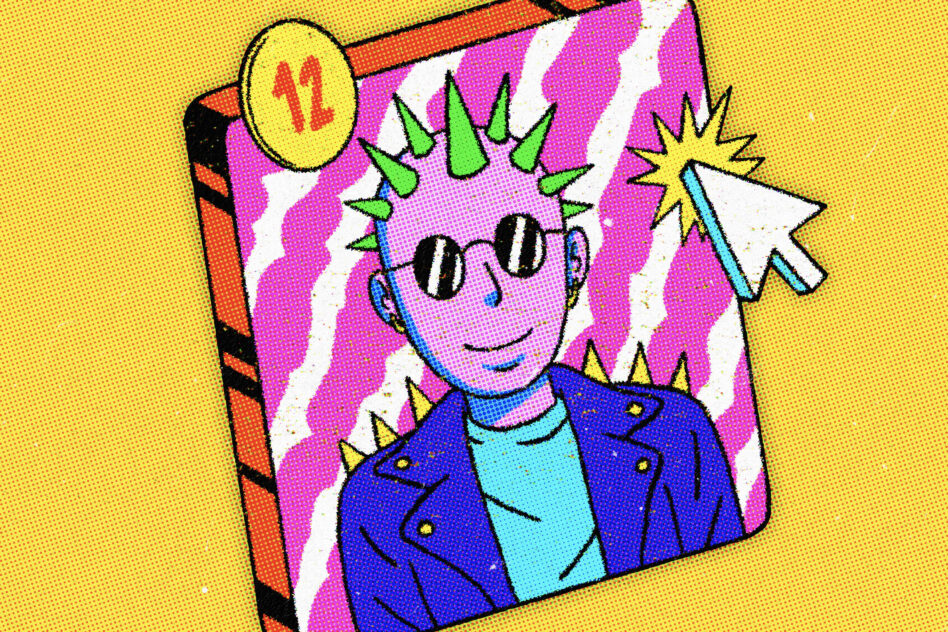 Colorful pop art design featuring a stylized character with sunglasses and spiked hair. Ideal for graphic templates and creative digital assets.