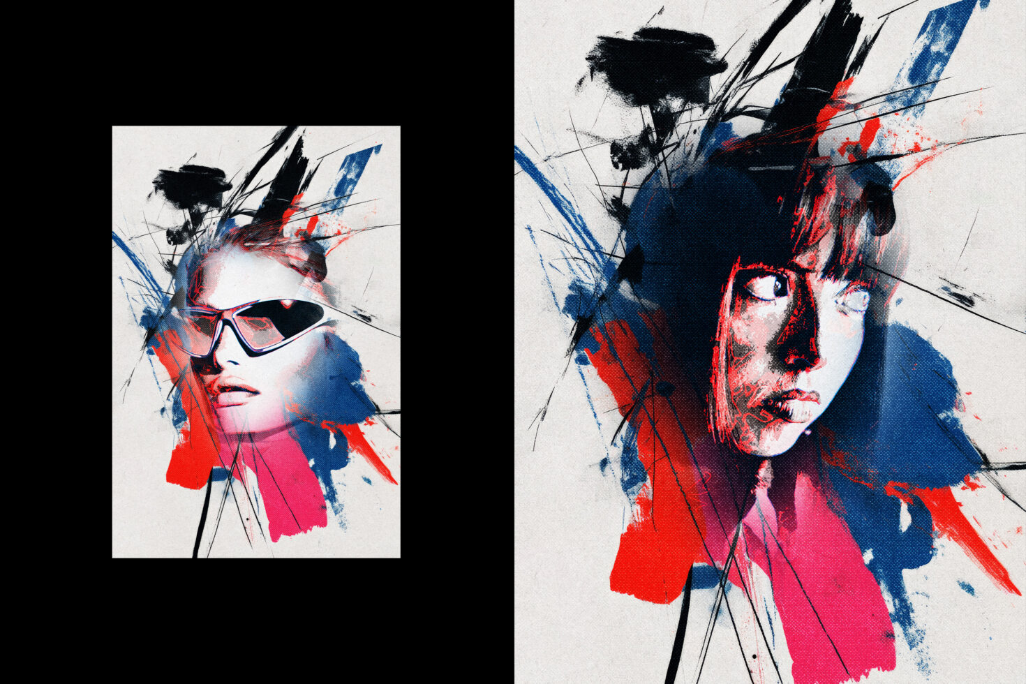 Abstract digital painting featuring vibrant splashes of red and blue with expressive faces; ideal for design templates or graphic elements.