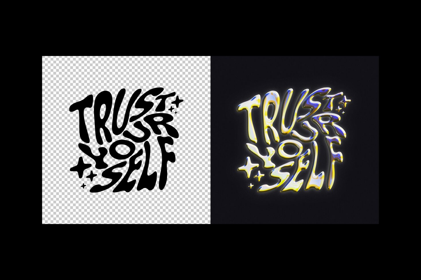 Bold typography art with the phrase Trust Yourself in black and glowing yellow styles, ideal for graphic templates and design projects. Retro, inspirational text.