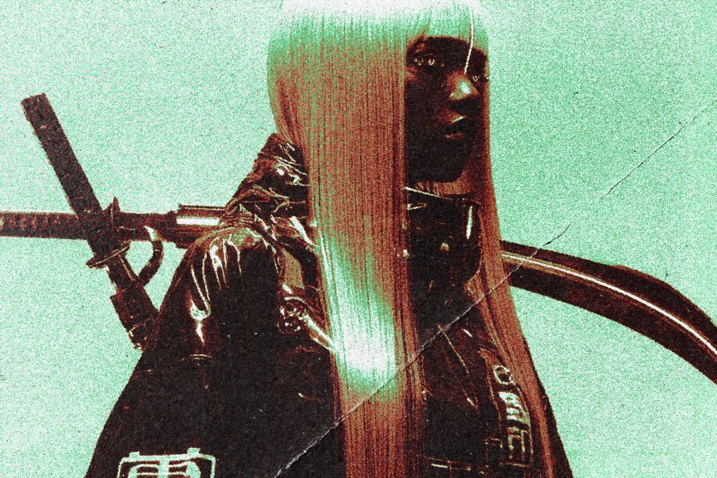 Edgy digital art of a futuristic character with long hair and sword on back wearing a glossy jacket. Perfect for use in graphic design and illustration.
