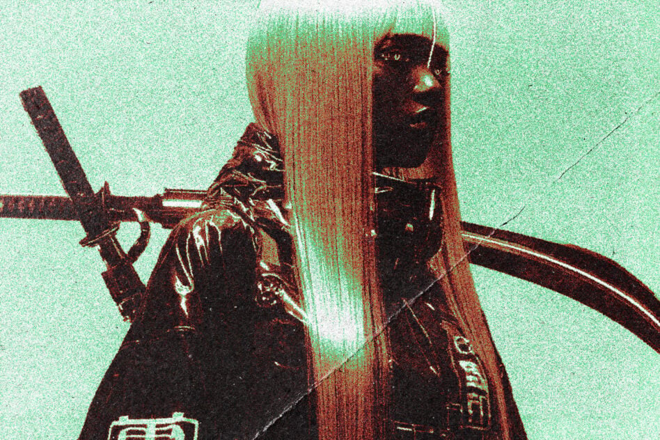 Distorted figure standing on wooden structure against mint green offset glitch backdrop