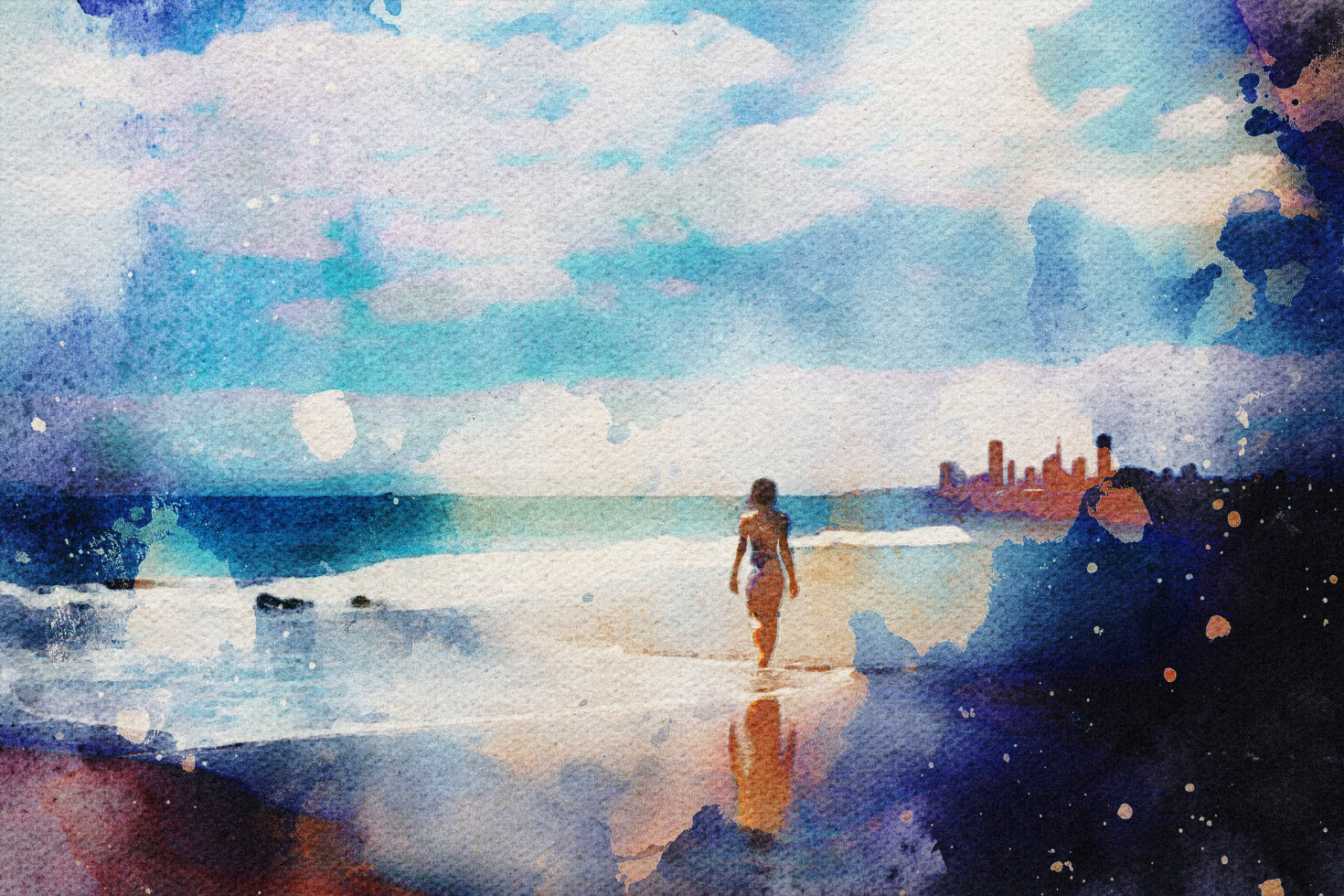 Watercolor beach scene with a woman walking towards ocean featuring skyline in background. Ideal for graphic design assets and creative templates.