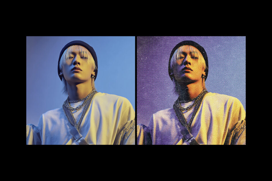 Two color graded portraits of person in white shirt wearing chains, blue then purple tinted
