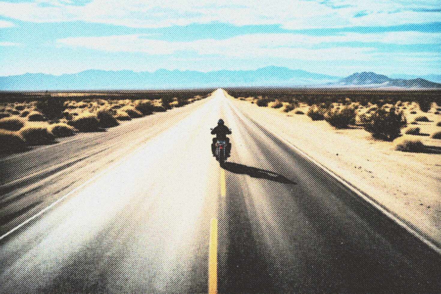 Motorcycle on desert highway under blue sky with mountains, vintage graphic design, digital assets, template for designers, adventure theme, landscape.