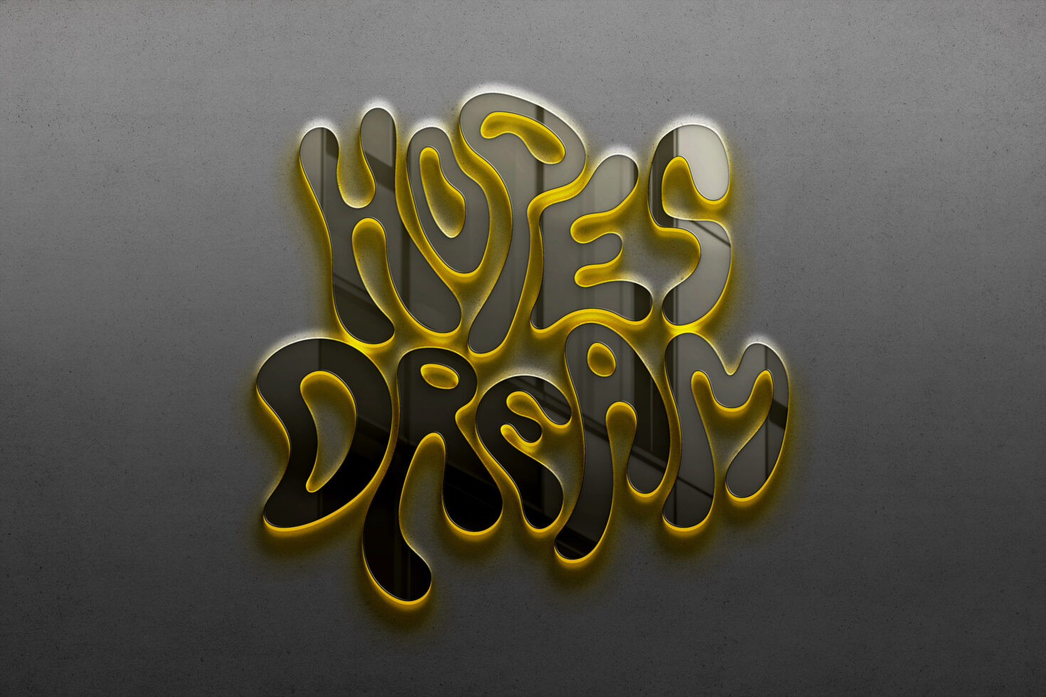 Liquid style font design spelling Hopes Dream with a glossy 3D effect in yellow and black on a textured grey background ideal for graphic templates
