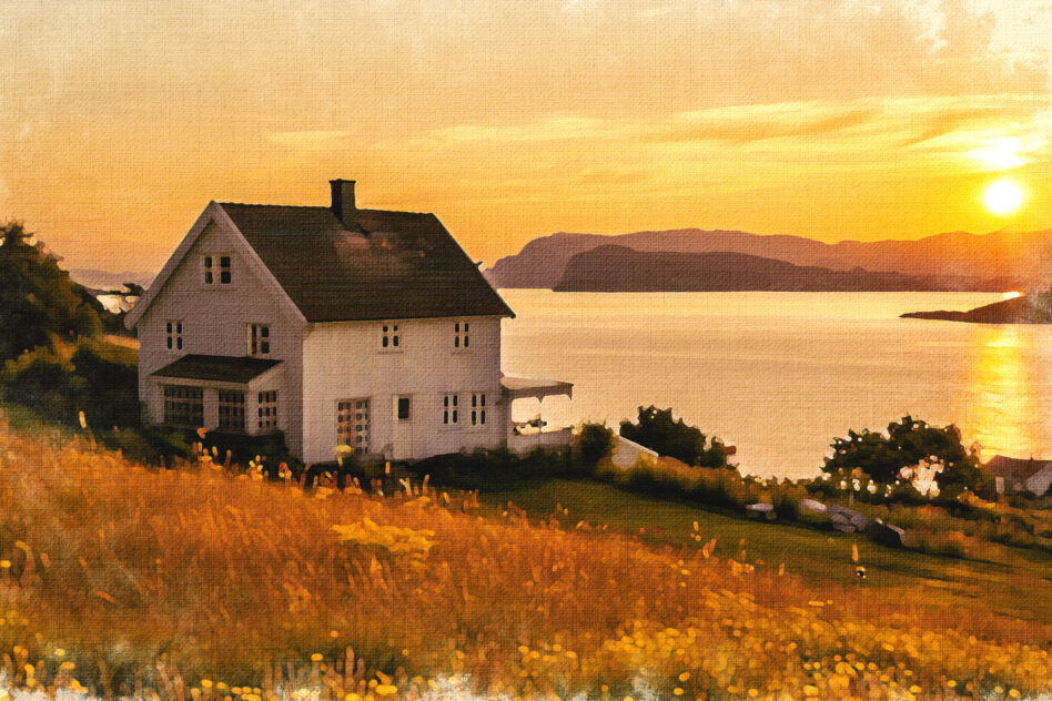 Coastal cottage sunset painting overlooking golden water landscape scene