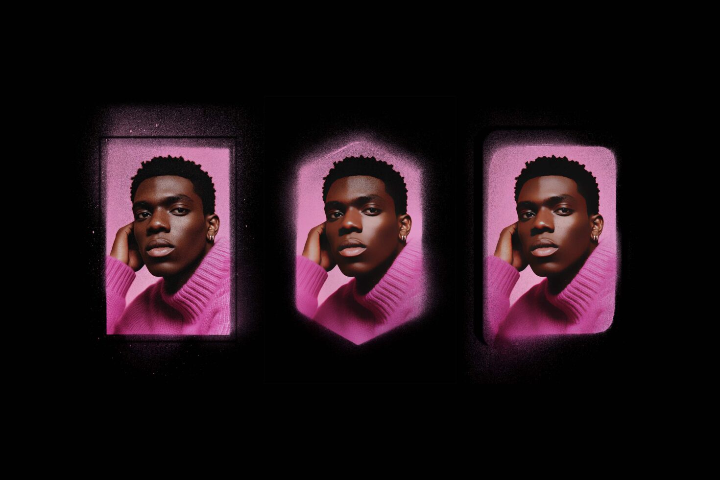 Portrait triptych featuring a person in a pink sweater on a black background suitable for graphic templates digital assets for designers photographers