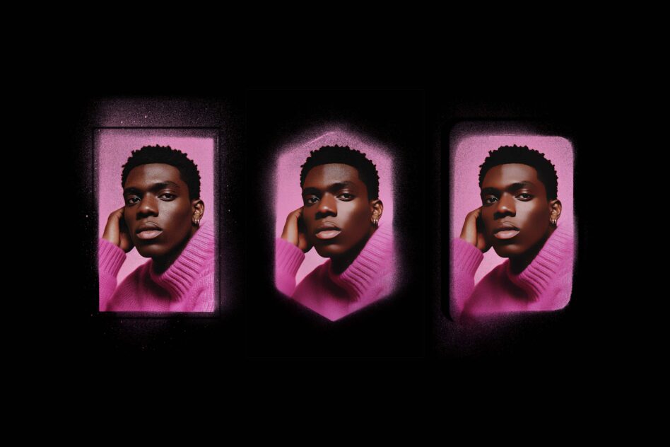 Three glowing frame shapes with pink background portrait inside
