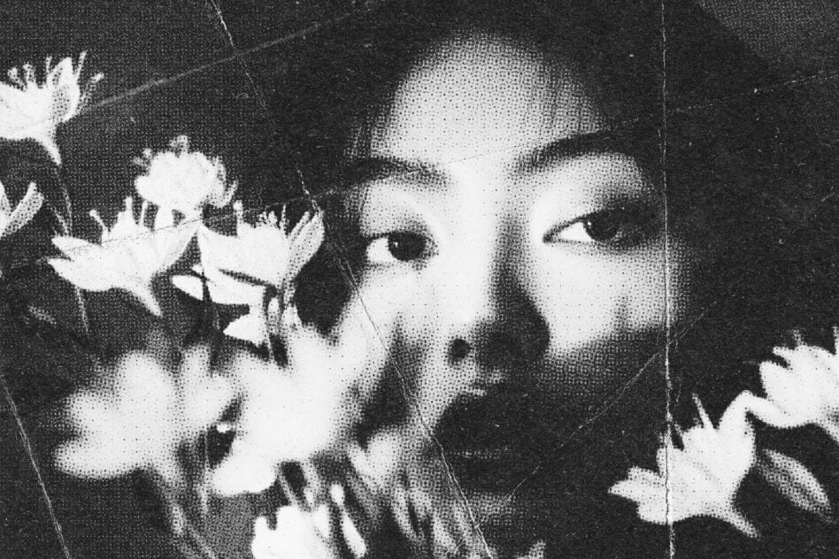 Newsprint halftone portrait with flowers, grainy texture scanline overlays