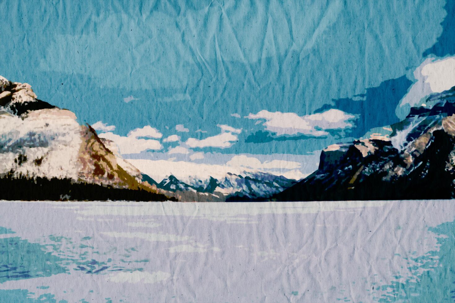 Abstract mountain landscape graphic with blue sky and serene lake. Perfect for design projects needing nature themes or textured backgrounds.