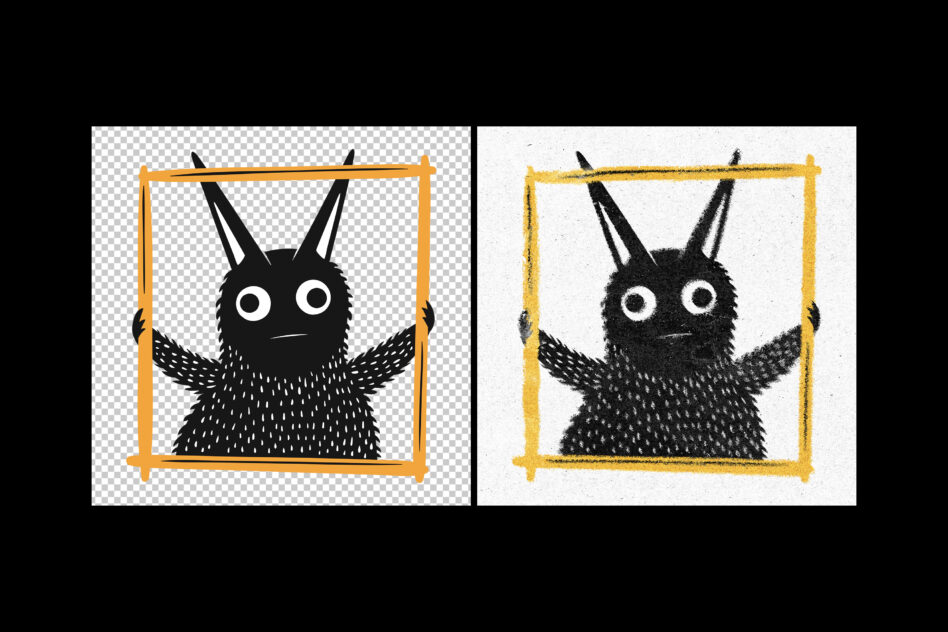 Hairy black creature with big eyes in yellow frame, shown on transparent left side, white background right