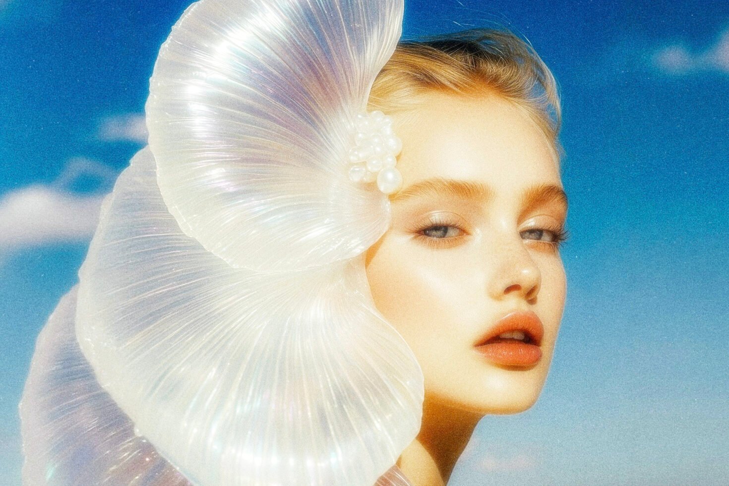 Model with ethereal design element resembling a pearlescent shell against blue sky. Perfect for fashion graphics or creative design inspiration.