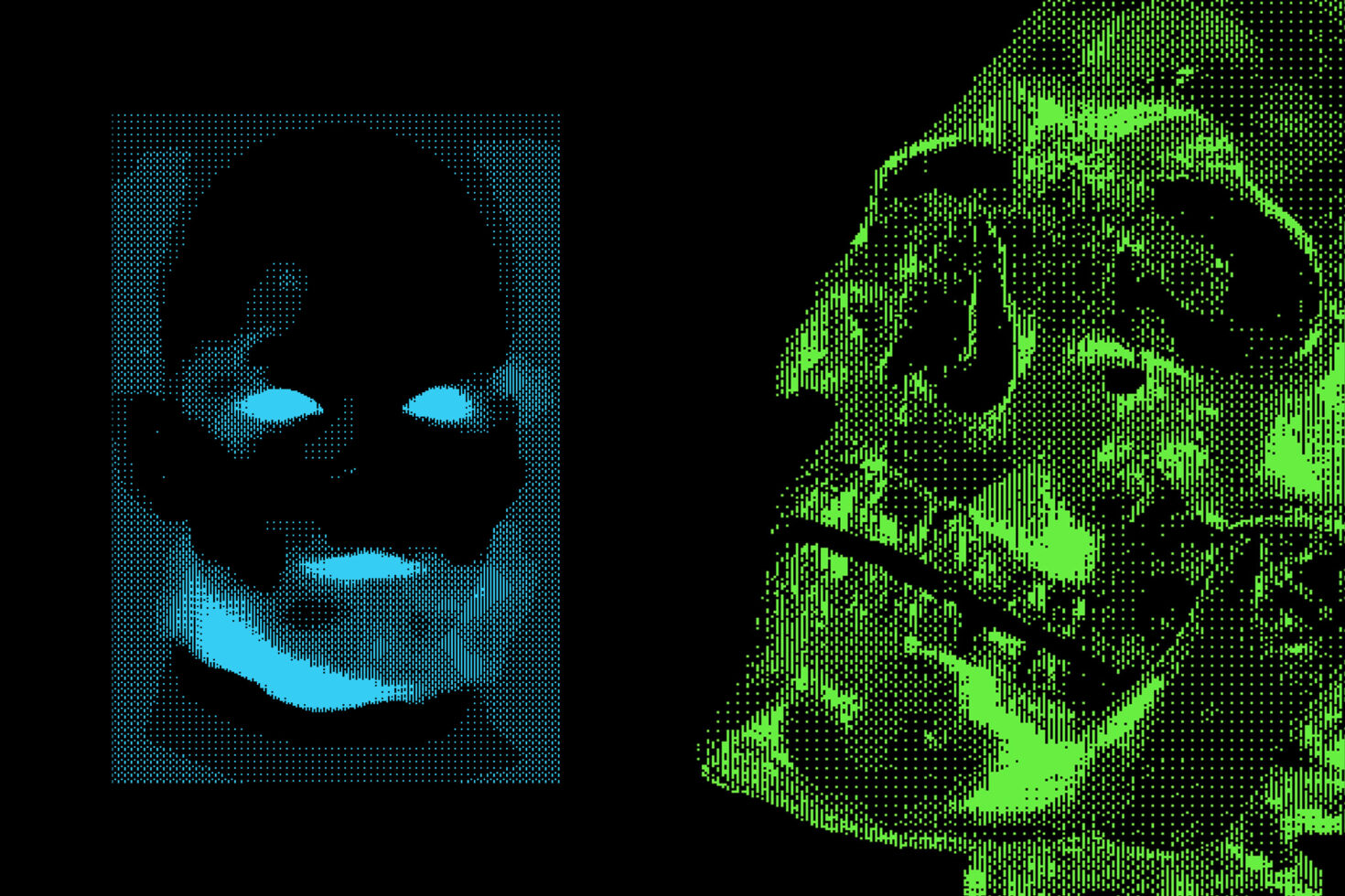 Futuristic digital artwork showing a neon blue face and neon green skull design in ASCII style ideal for graphic design projects and creative templates.
