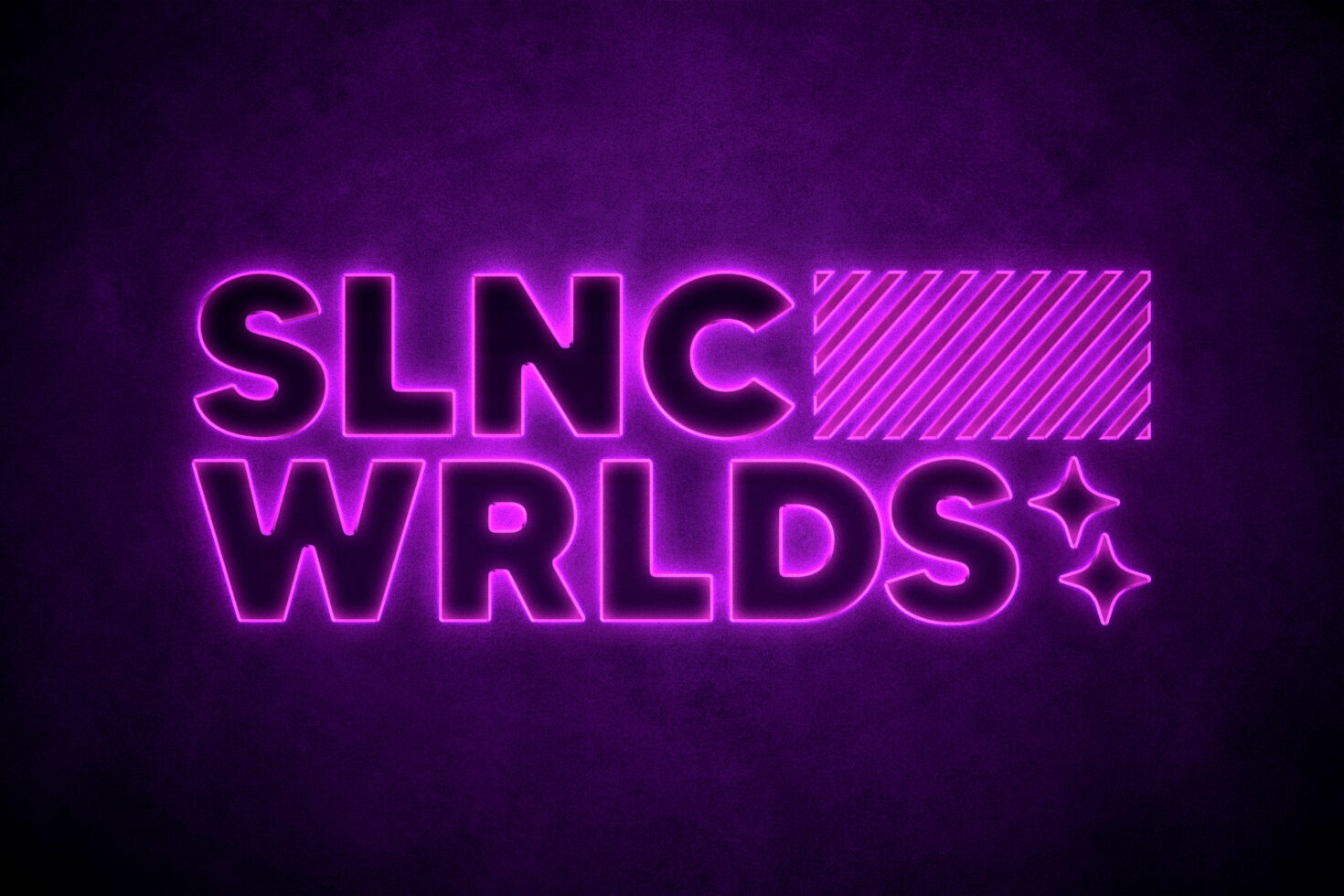 Neon purple typography design with stylized text SLNC WRLDS on dark background suitable for designers. Keywords: neon, typography, graphics, design template.