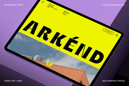Tablet screen mockup showing yellow banner with bold sans-serif text on purple background