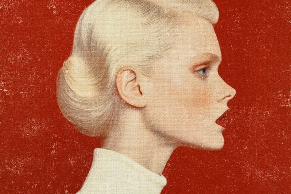 Blonde woman in profile against red background, classic 1950s portrait style