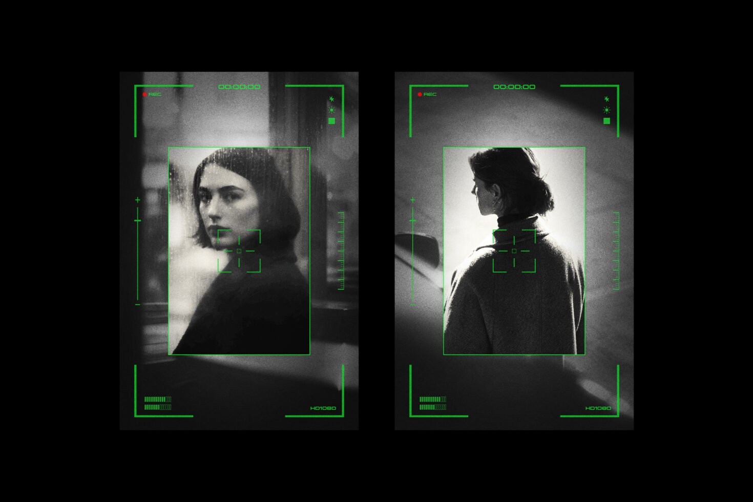 Black and white portraits framed in green digital interface, ideal for graphic design mockups and templates in digital design projects, modern style.