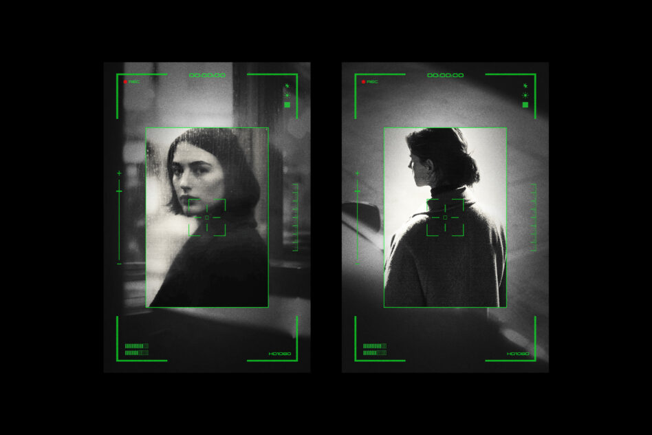 Dual noir portrait layout with neon green tech interface elements on black backdrop